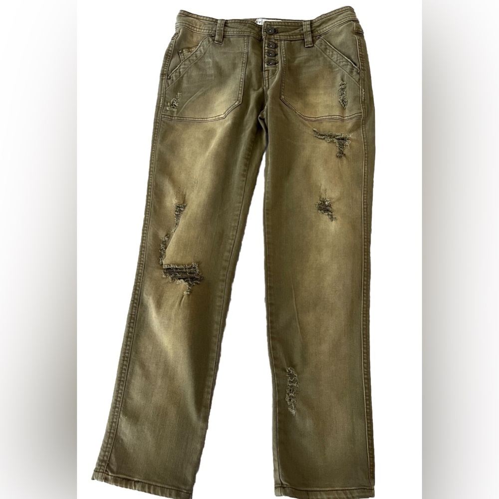 FREE PEOPLE Green Distressed Faded Straight Leg Jeans Exposed Buttons Sz 0 32x28 - Picture 2 of 8